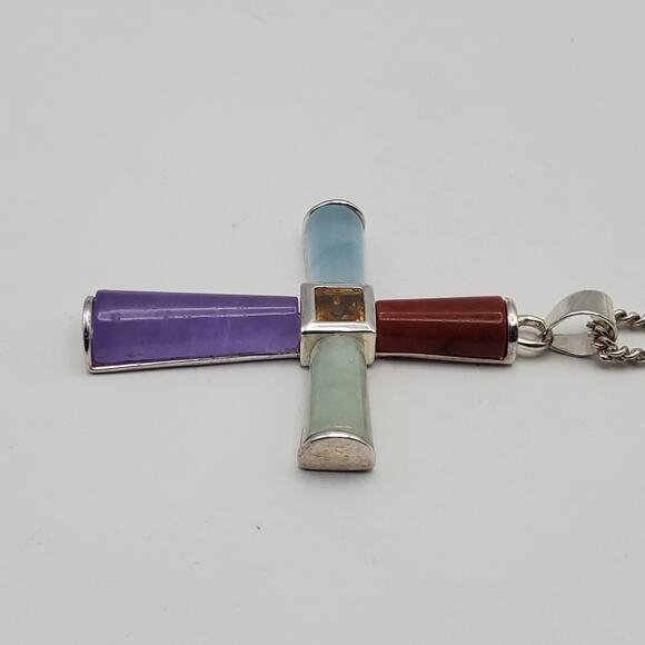Sterling Silver Real Multicolor Jade Gem Cross Pendant w/ 24" Necklace - Picture 5 of 10